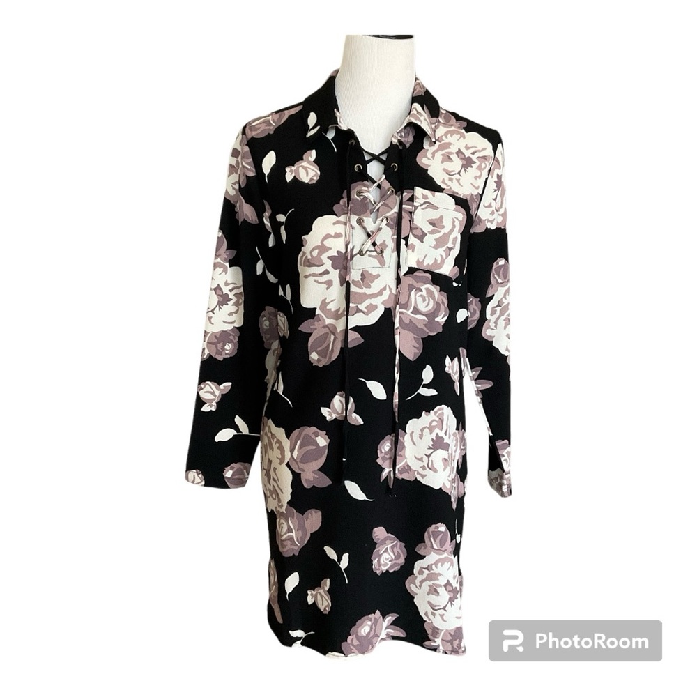 Mud Pie Kinsley Lace Up Floral Shirt Dress |Tunic Long Sleeve Black Size S - Picture 2 of 10